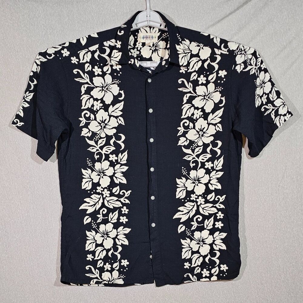 Campia Moda Hibiscus Rayon Short Sleeve Hawaiian Camp Shirt in Navy Cream